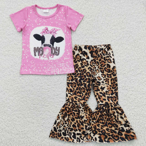 GSPO0588 kids clothes girls cow moody girl bell bottom outfit spring fall set