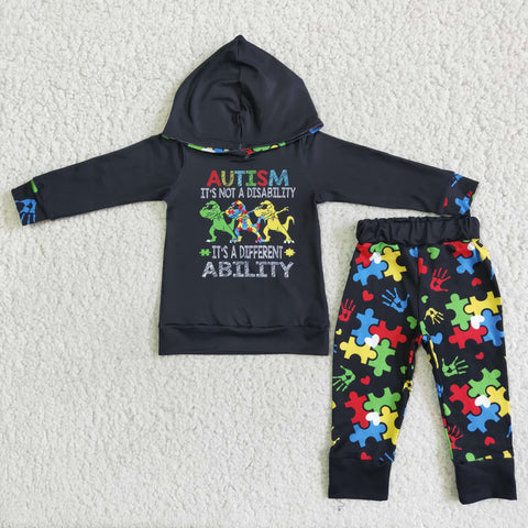 boy black autism puzzle long sleeve hoodies set