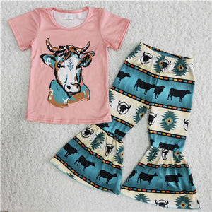 B12-15 toddler girl clothes cow farm girl bell bottom outfit-promotion 2024.1.20