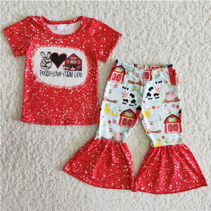 B12-23 girl red cow house farm short sleeve spring fall set-promotion 7.17