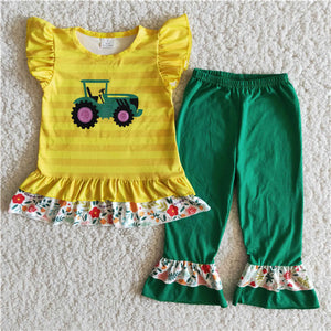 B9-16 promotion girl yellow green truck farm short sleeve spring fall set