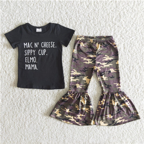 B4-4 toddler girl clothes black camouflage mac mama short sleeve spring fall set