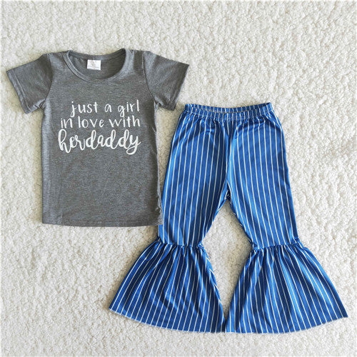 girl grey just a girl in love with her daday short sleeve blue stripe set
