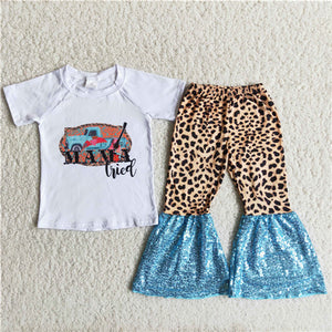 A6-11 girls mama tried leopard sequin fall spring short sleeve set