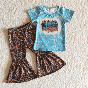 A14-24 girl blessed blue leopard short sleeve spring fall set
