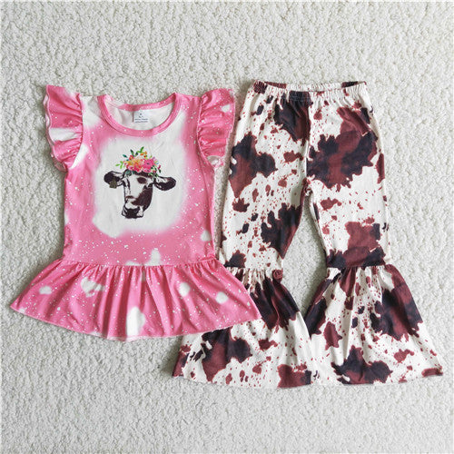 C8-13 girl cow farm pink leopard short sleeve fall spring set-promotion 2023.8.7