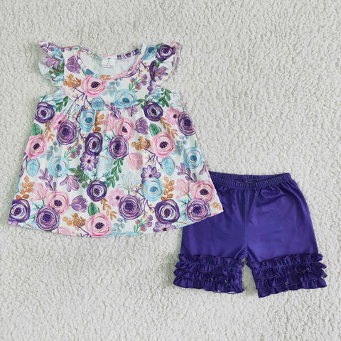 B17-27 kids clothing purple flower flutter sleeve summer set-promotion 2024.3.16 $5.5