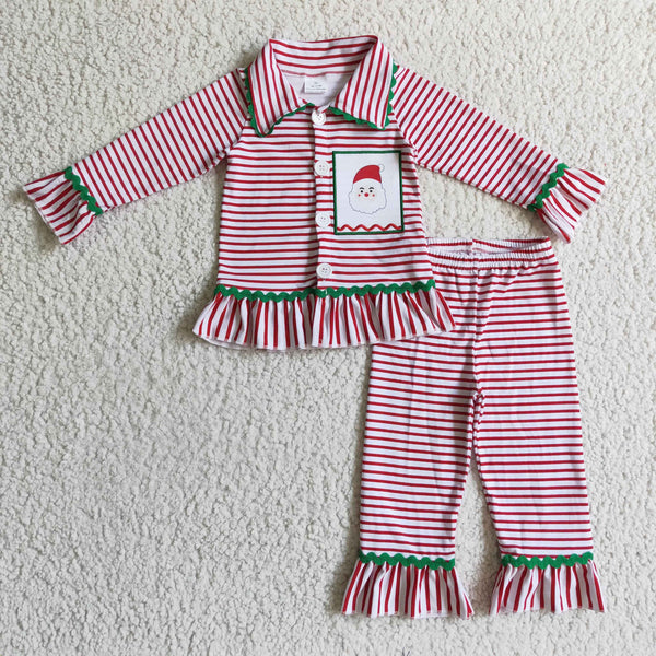 6 B9-3 baby girl clothes cotton res stripe santa claus christmas pajamas set