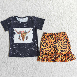 girl clothes black leopard cow farm short sleeve summer set