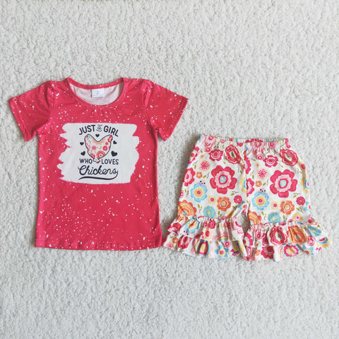 C14-4 girl pink just a girl who loves chicken short sleeve summer set-promotion 2024.4.5 $5.5