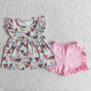 girl pink shorts cartoon summer flutter sleeve set