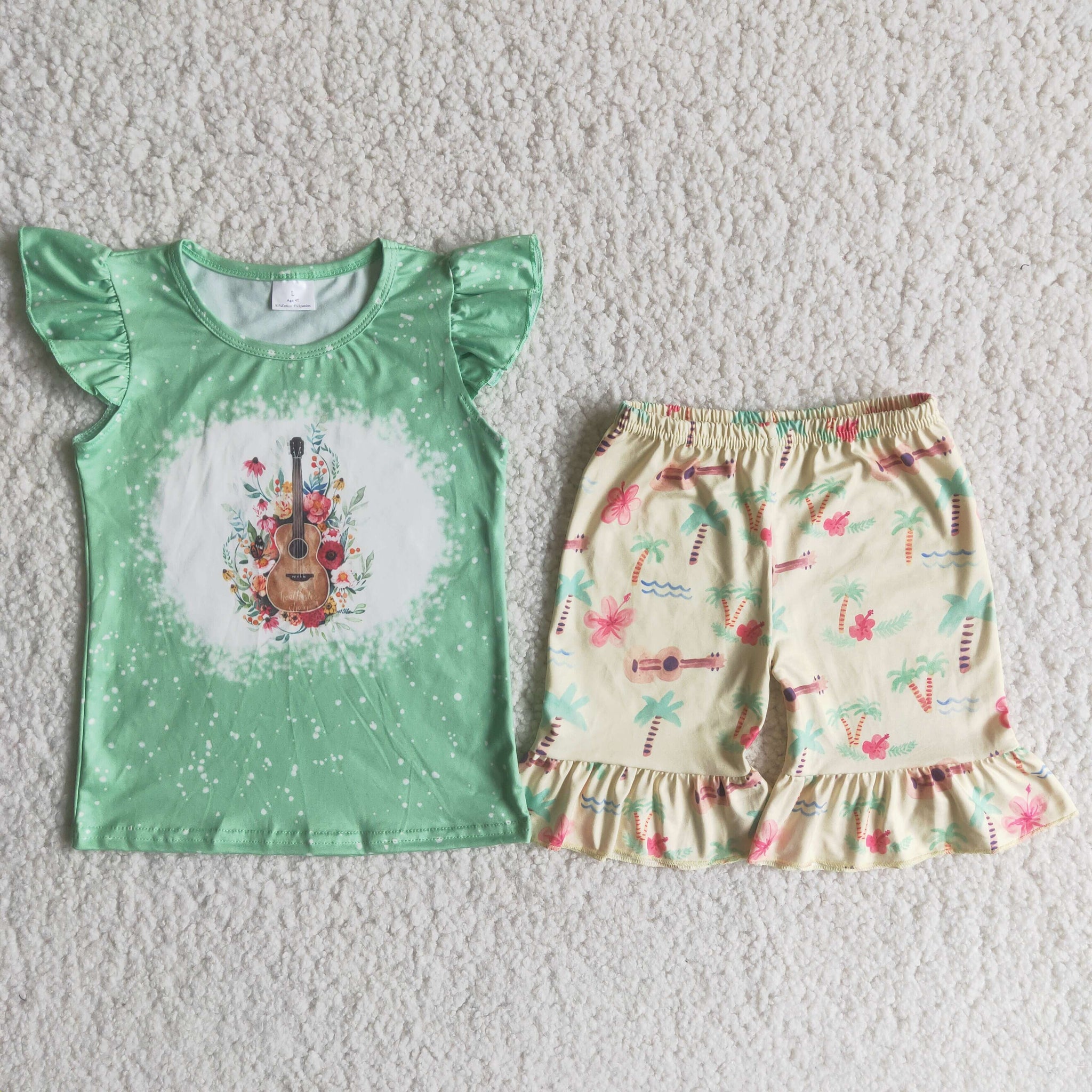 C6-3 toddler girl clothes guitar green flutter sleeve summer set
