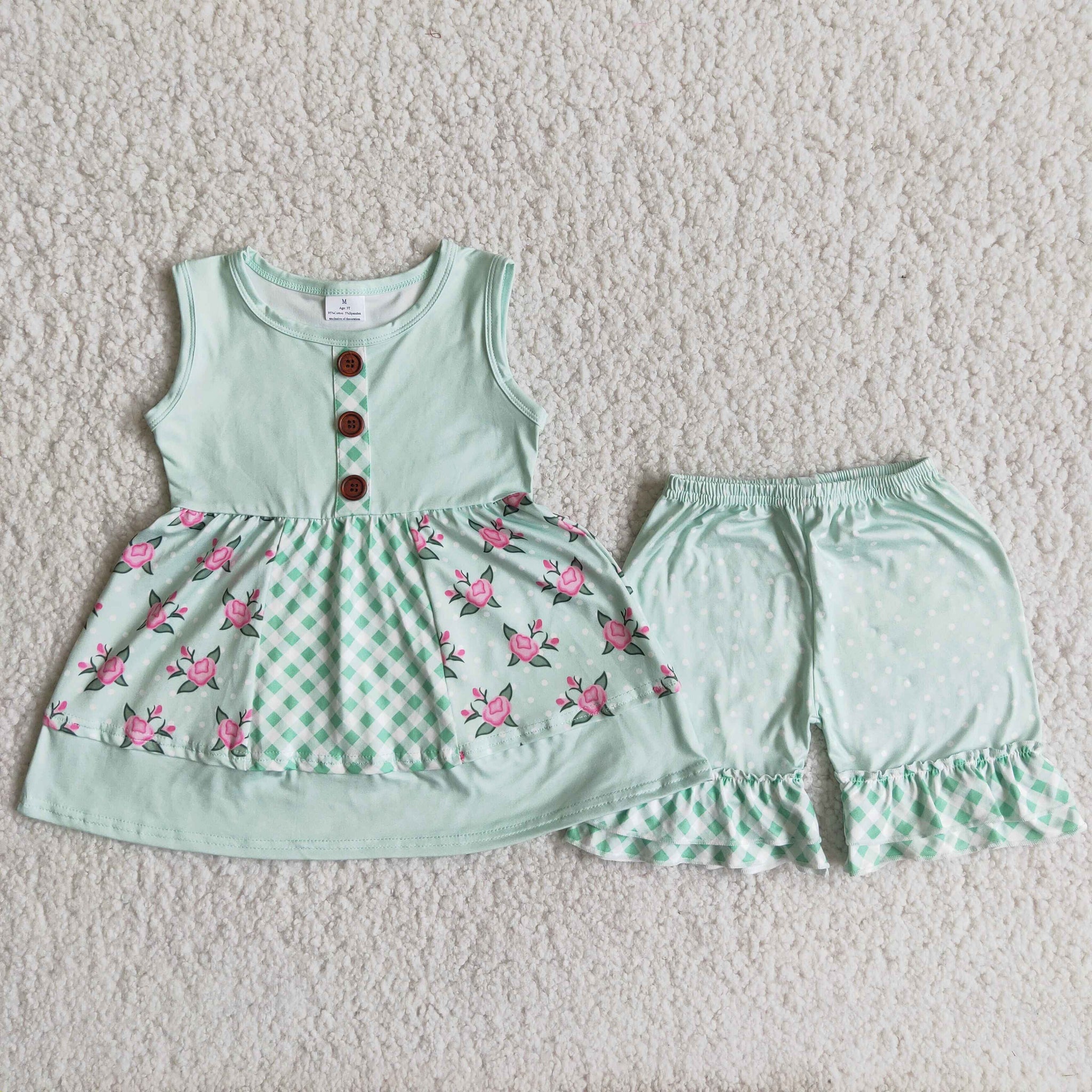 girl clothes summer sleeveless green flower set