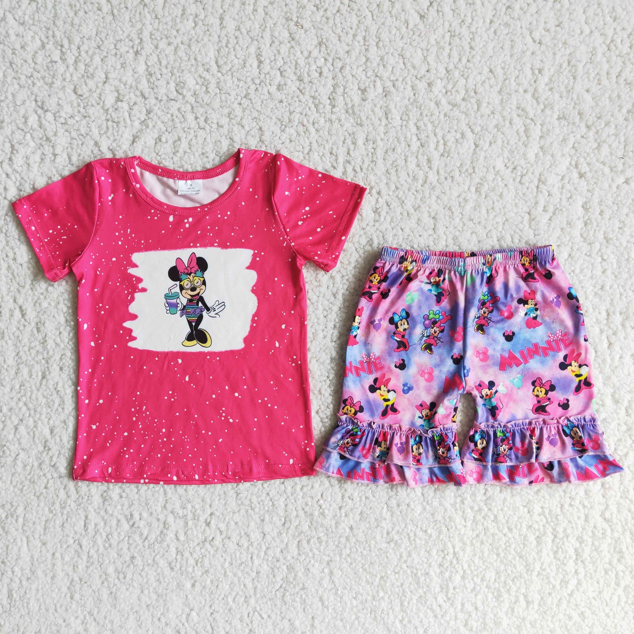 D12-28 baby girl clothes cartoon hot pink summer shorts set