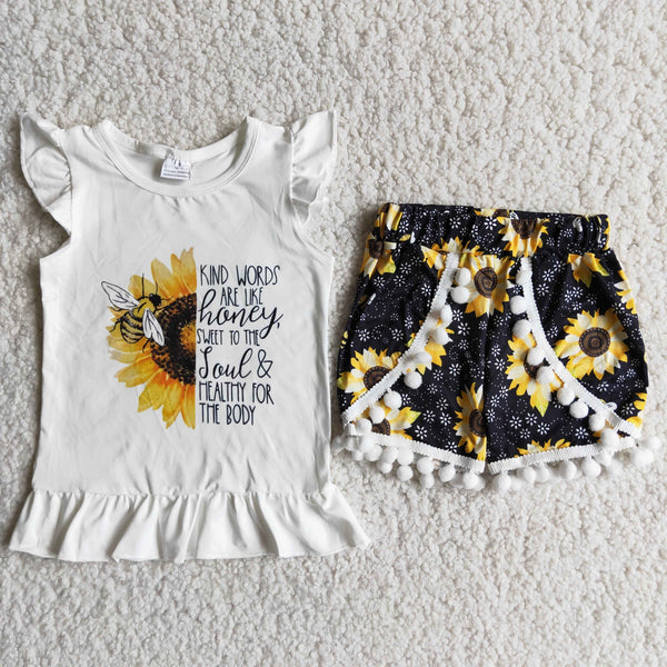 D7-26 baby girl outfit set sunflower bee farm flutter sleeve summer set