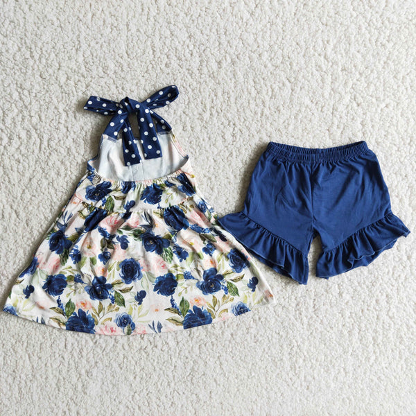 D7-19 baby girl clothes navy floral summer shorts set