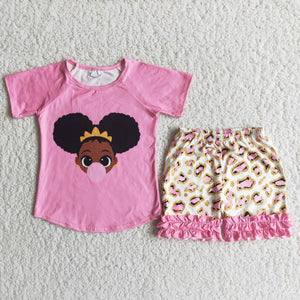 girl cartoon pink leopard short sleeve summer set