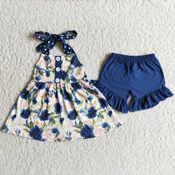 D7-19 baby girl clothes navy floral summer shorts set