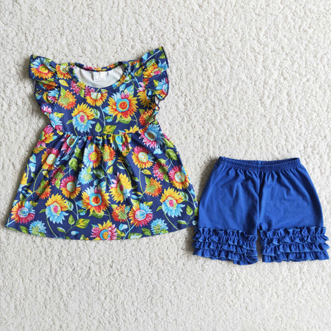 B13-13 girl blue sunflowers shorts summer flutter sleeve set-promotion 2024.3.9 $5.5
