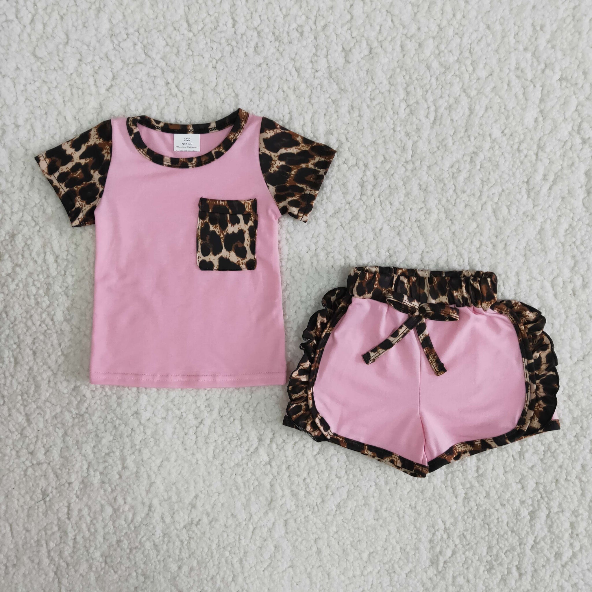 girl pink leopard pocket  summer short sleeve set