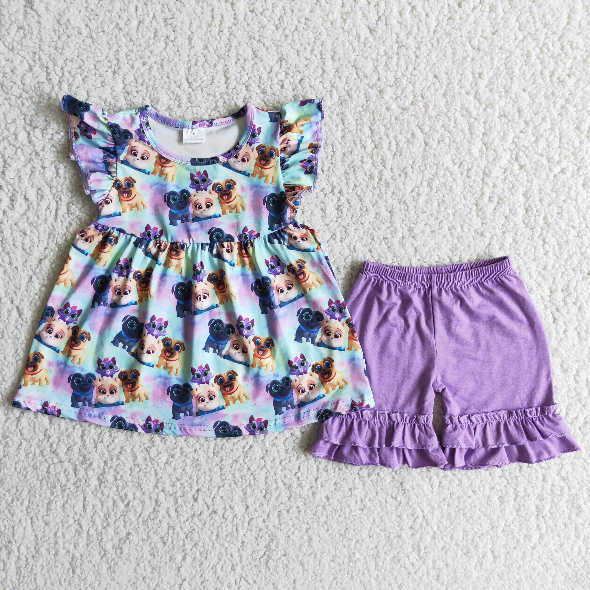 girl cartoon dog purple shorts summer flutter sleeve set