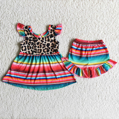 A1-3 girl clothes colorful stripe leopard  shorts summer flutter sleeve set-promotion 2024.2.3