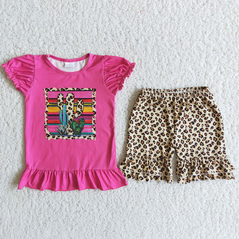 girl hot pink cactus leopard  short sleeve summer set