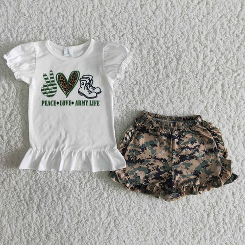 girl peace love army life camouflage short sleeve summer set
