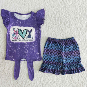 B6-11 baby girl clothes purple mermaid summer shorts set