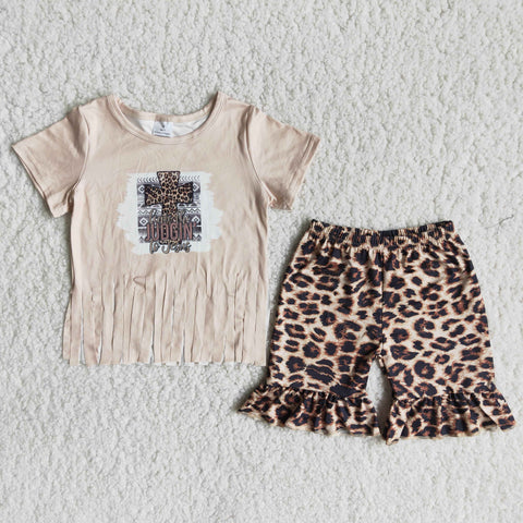 A16-11 girl clothes cross leopard tassel short sleeve summer set-promotion 2024.4.22 $2.99