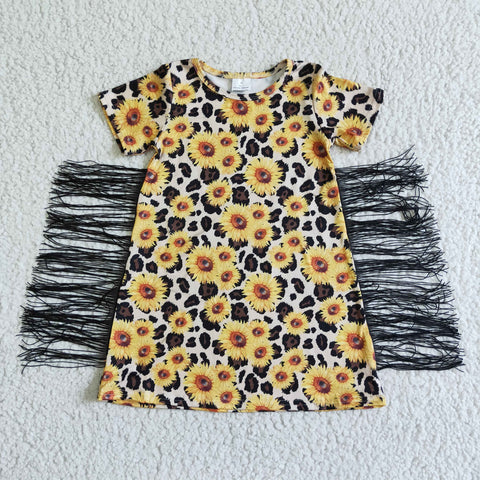 GSD0055 girl clothing summer tassel sunflower short sleeve dress A