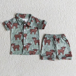 boy clothes summer farm cow green pajamas