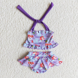 girl cartoon purple swim suit 2pcs set
