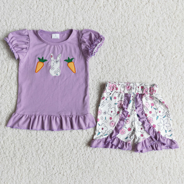 E6-20 baby girl clothes embroidery bunny carrot easter shorts set-promotion 2024.2.3
