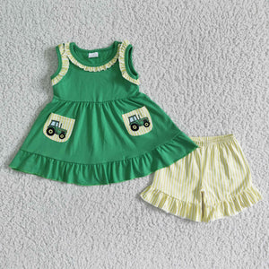 GSSO0097 baby girl clothes green car summer shorts set