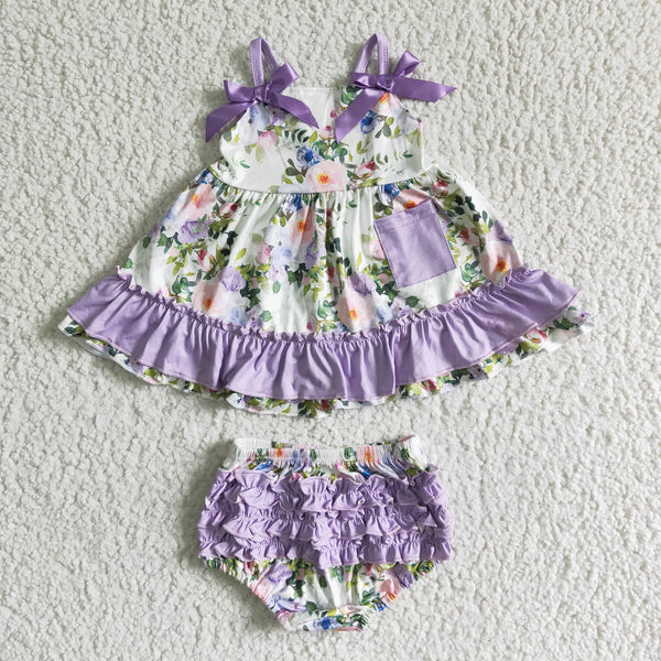 GBO0038 girl summer purple floral bummies set