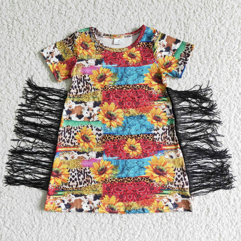 GSD0057 girl clothing summer tassel cow sunflower short sleeve dress
