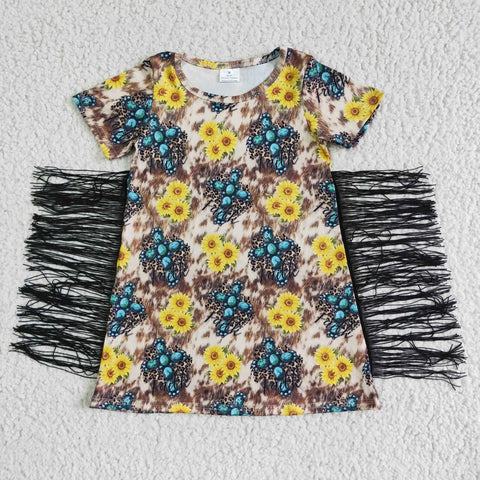GSD0056 girl clothing summer tassel sunflower short sleeve dress