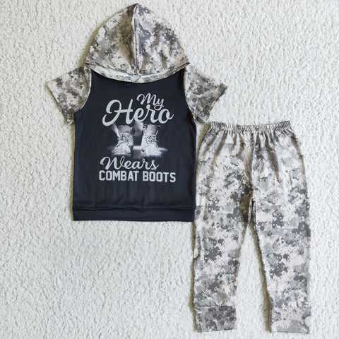 A6-10 promotion boy hoodies combat boots short sleeve camouflage fall spring set