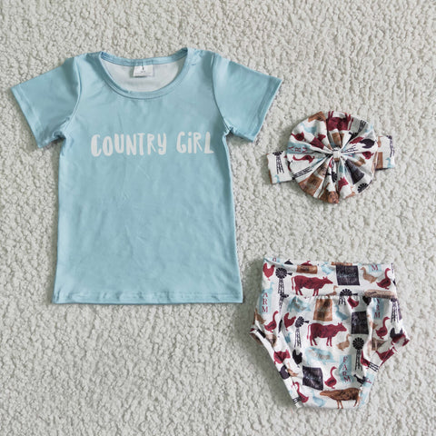 kids clothing country gril light blue bummies short sleeve set headwears