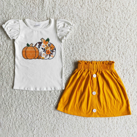 Girl White Pumpkin Top With Yellow Skirt Set Halloween Outfits