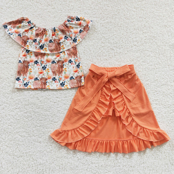 GSSO0184 kids clothes girls summer outfits orange floral skirt set