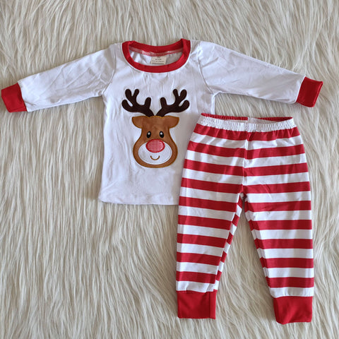 Boy 100% cotton cartoon white deer  red stripe long sleeve emboridery pajamas