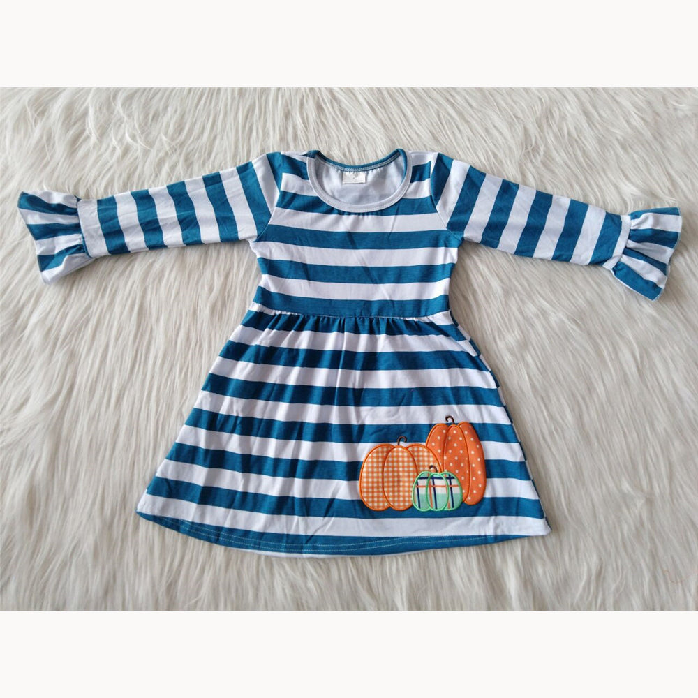Girl pumpkin emboridery blue stripe halloween long sleeve dress