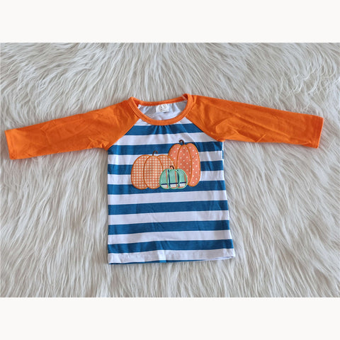boy pumpkin emboridery long sleeve blue stripe top tshirt