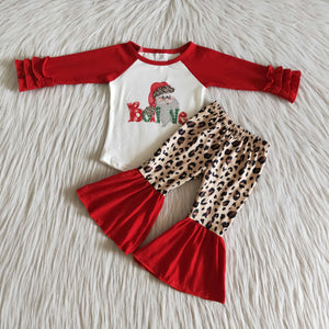 Girl christmas leopard red Santa Claus believe long sleeve winter set