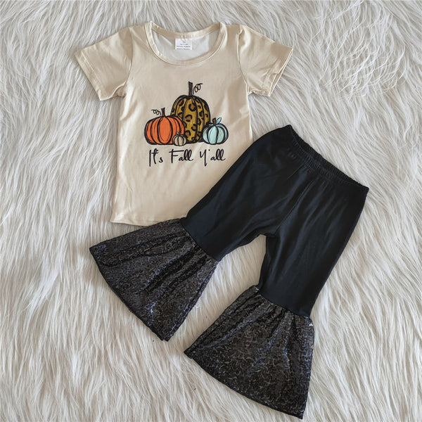 A0-11 girl pumpkin halloween sequin bell bottom set halloween clothes-promotion 2023.10.4
