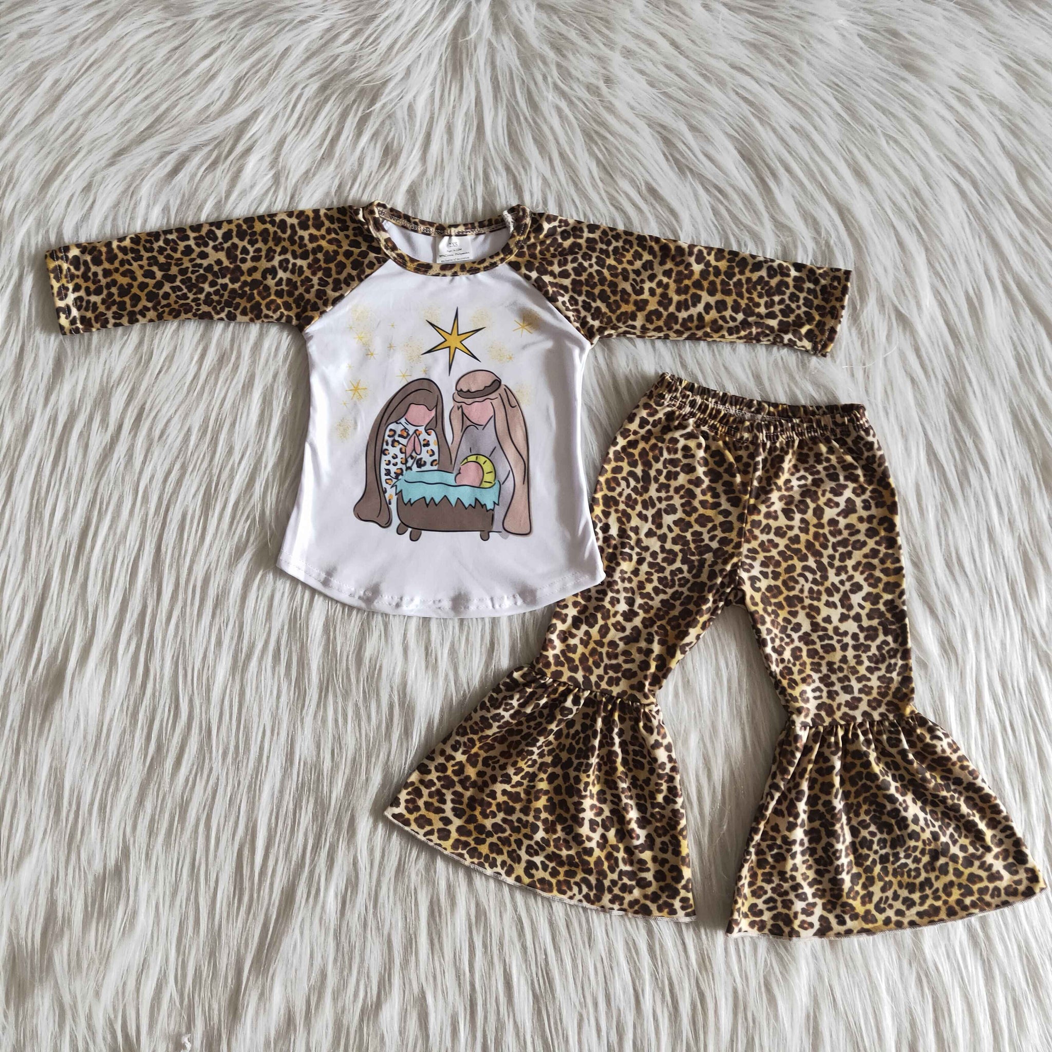 girl jesus nativity leopard long sleeve bell pants winter set