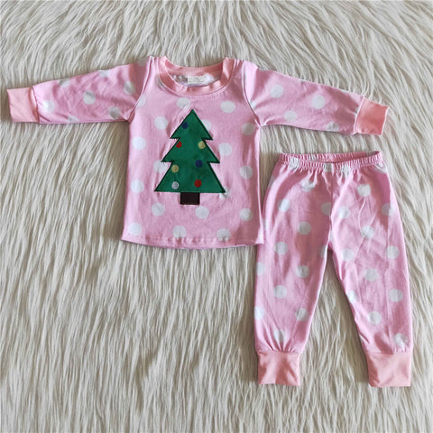6 B12-37 kid winter emboridery tree cute pink dot pajamas christmas outfit set-promotion 2023.11.11