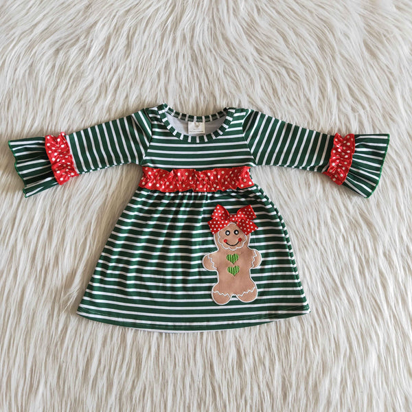 girl winter green stripe embridery matching dress